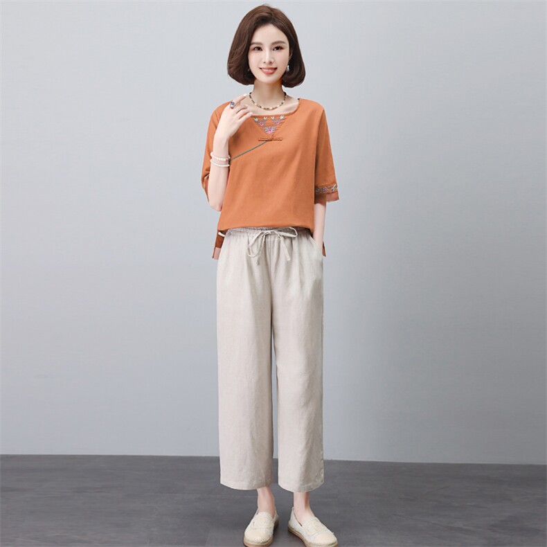 长期有货时尚苎麻套装女夏装新款宽松显瘦中年妈妈洋气棉麻两件套,女装套装/套裙,璐依舞