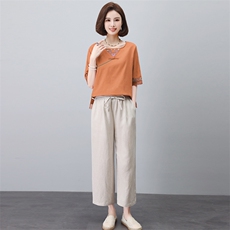 长期有货时尚苎麻套装女夏装新款宽松显瘦中年妈妈洋气棉麻两件套，女装套装/套裙，璐依舞