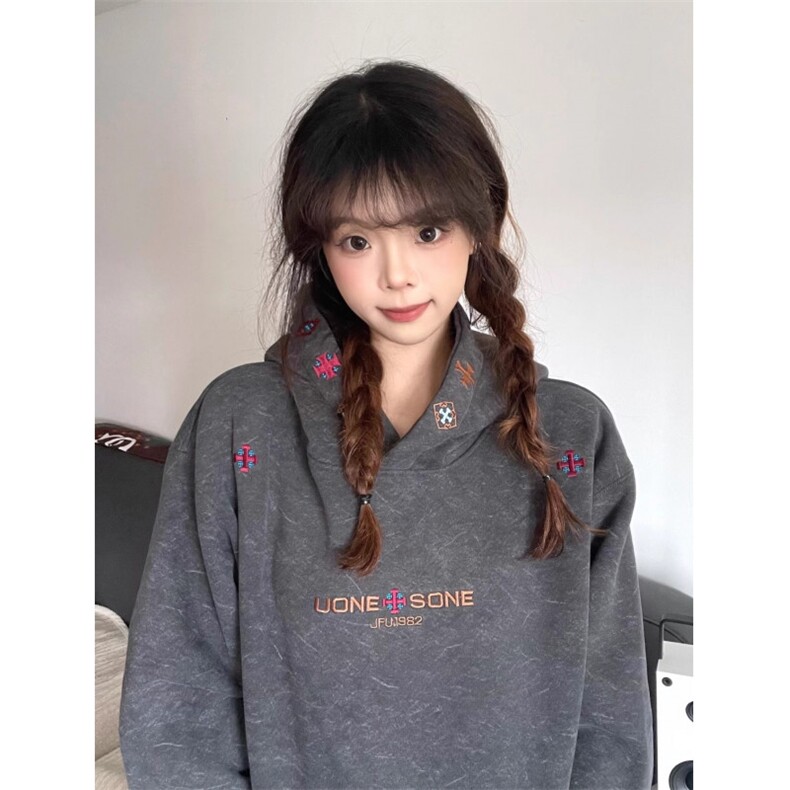 美式高街字母刺绣连帽卫衣男女新款宽松情侣帽衫外套LM188-P45,女装短外套,星座1008