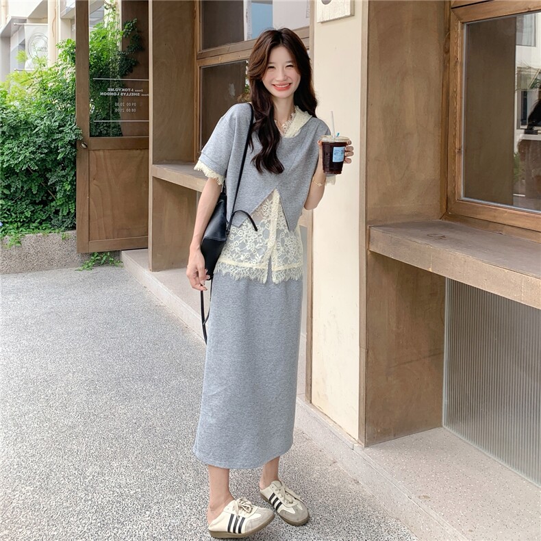 设计感时尚短袖卫衣蕾丝打底衫三件套装女2025夏季新款休闲半身裙图片
