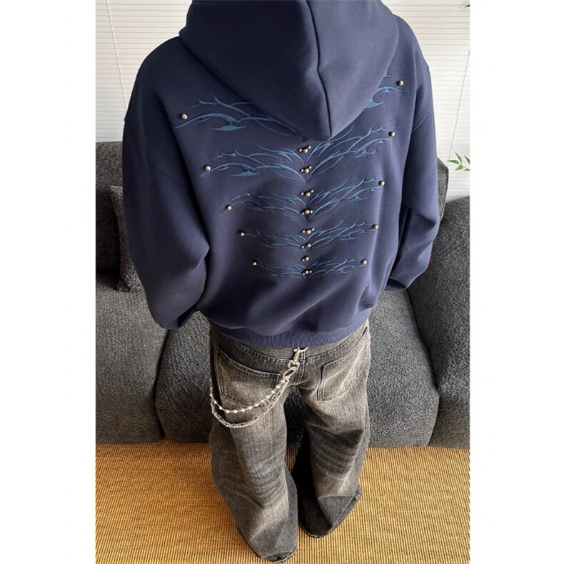 现货JY158-P50  复古钉珠刺绣设计连帽卫衣男女宽松休闲帽衫 网图图片