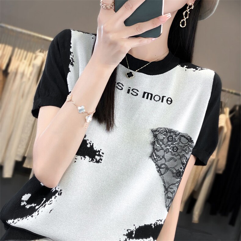 新款女装冰丝短袖针织衫水墨画图案拼接蕾丝设计时尚百搭显瘦上衣,针织衫/毛衣,萱芳婷羊绒
