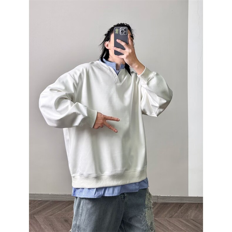 复古假两件拼接圆领卫衣男秋季宽松情侣百搭休闲套头上衣新款潮流图片