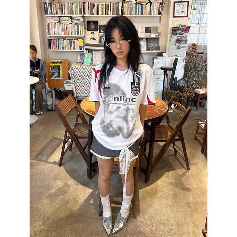 美式复古运动t恤男女夏季新款撞色拼接球衣风v领短袖TA56-P35图片