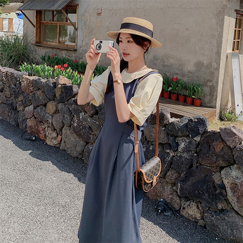 23夏新品娃娃领假两件复古拼色长连衣裙2C075-128-P115控168,女装连衣裙,菡迪欧娜