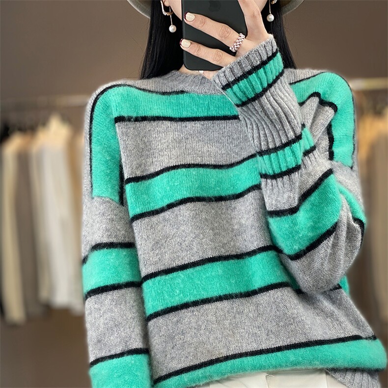 时尚条纹羊绒衫女宽松显瘦百搭气质毛衣,女装羊绒衫,琳华羊绒
