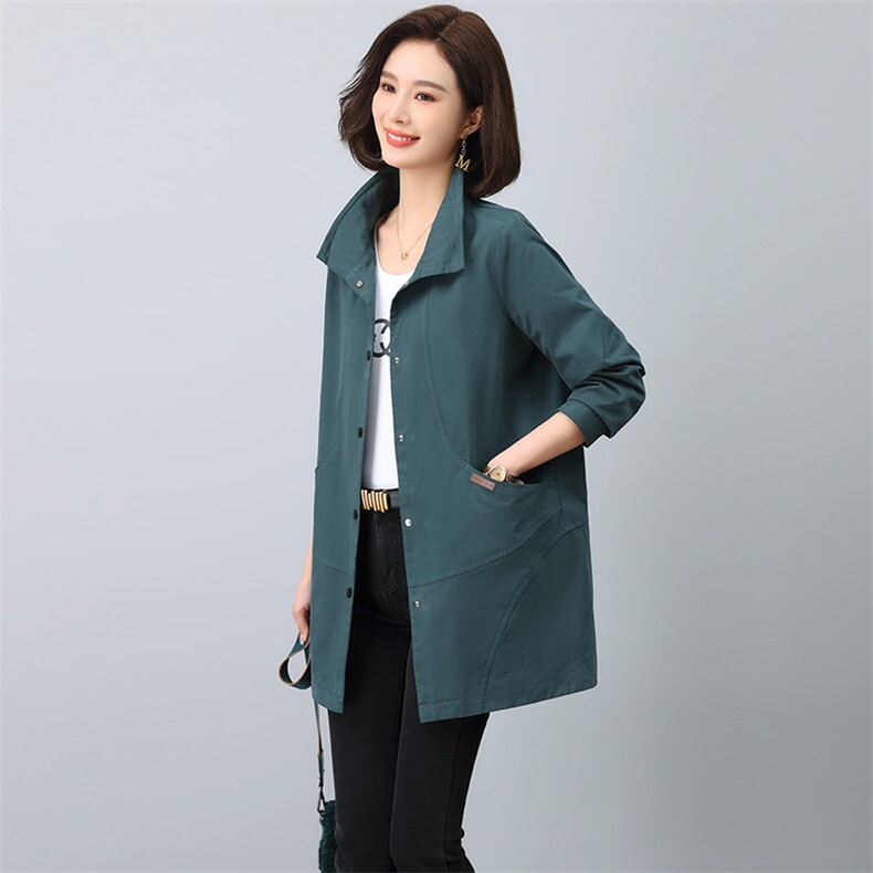 （新款长期有货）中年妈妈纯棉风衣外套女中长款2025春秋大码上衣,女装风衣,忆绮罗