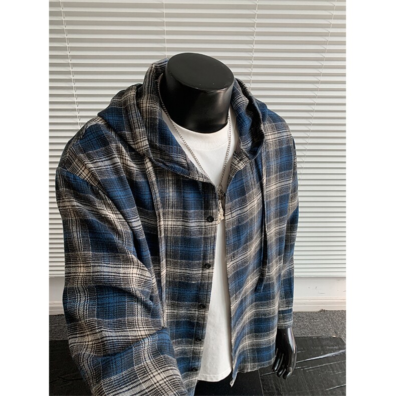 秋季新款日系复古格子连帽大码长袖衬衫外套男C5535-特P38控75，男装衬衫，电商A001-1