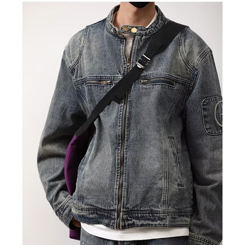 JK8936-P69美式复古水洗做旧拉链口袋牛仔外套男女潮流痞帅，男装工装外套，电商B323A