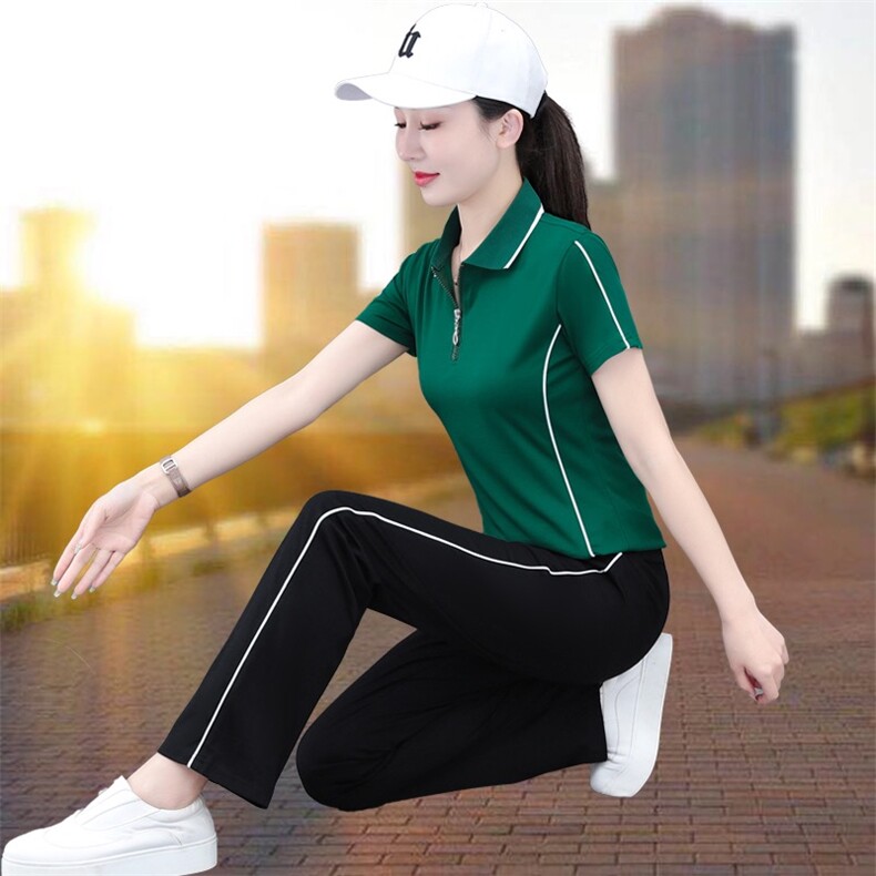 燕颉冰丝运动服套装女夏季2023年时尚洋气翻领薄款短袖休闲两件套图片