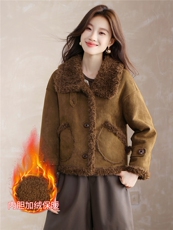 现货！现货！加绒加厚2025年冬季女装新款时尚显瘦鹿皮绒皮毛一体，女装棉衣/棉服，以桐