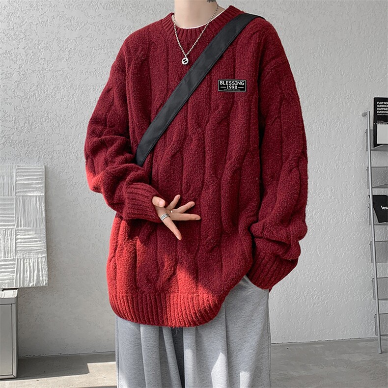 8XL-M圆领毛衣男秋冬慵懒风宽松情侣装麻花针织羊毛衫MY19004P68,男装针织衫/毛衣,电商B312