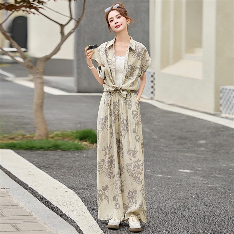 2025夏装新款简约时尚休闲印花两件套套装,女装套装/套裙,罗腾