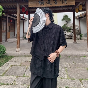 夏季针织镂空衬衫提花镂空肌理感新中式拼接绑带设计短袖 C4552图片