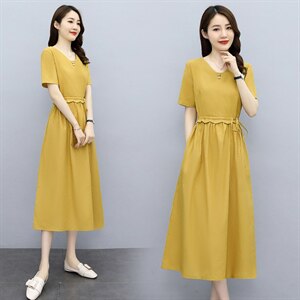 2021夏季新款简约气质减龄V领时尚腰部抽绳系带收腰修身连衣裙图片