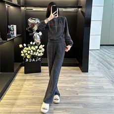 春新款女灰色条纹连帽开衫卫衣直筒裤两件套，女装套装/套裙，江南