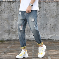 5063-201外景薄款大码破洞九分牛仔裤日系个性9分，男装牛仔裤，星座304A-1