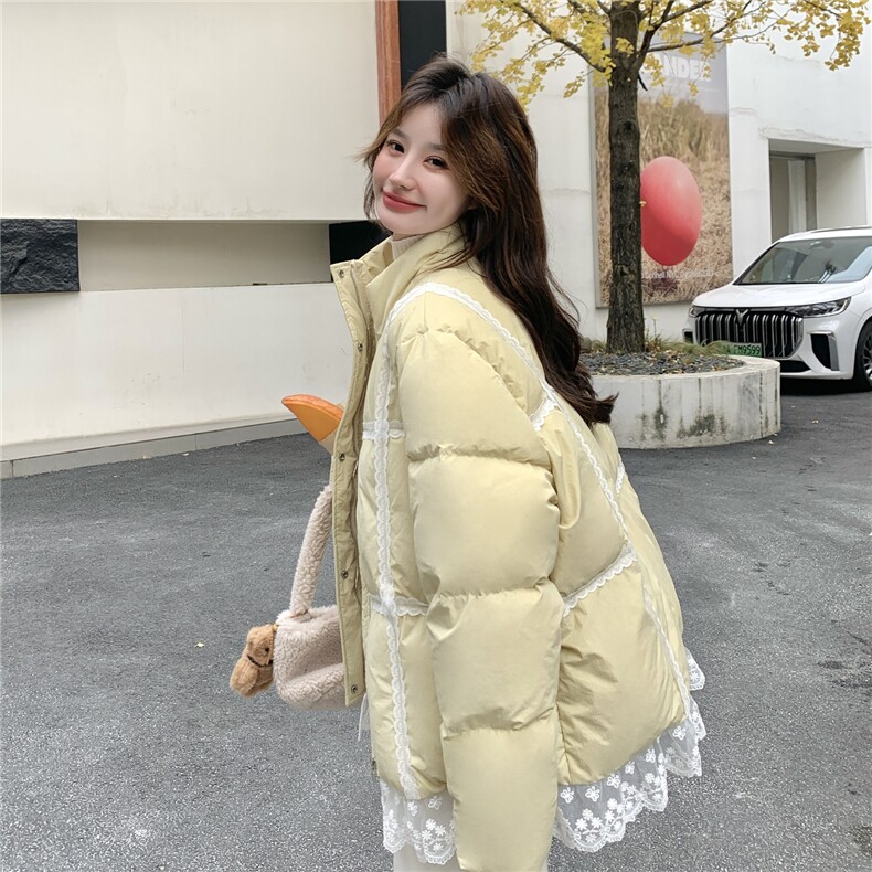 奶黄色蕾丝花边羽绒服女2025冬季新款韩系超好看加厚90白鸭绒外套,女装羽绒服,2C056