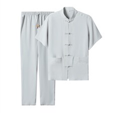 2022风男士唐装夏季亚麻短袖中老年套装复古风潮牌汉服两件套，男装中老年男装，钱塘723