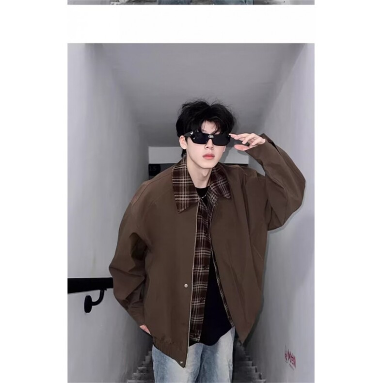 J9984-P70美式复古vintage假两件翻领短款棒球服夹克图片