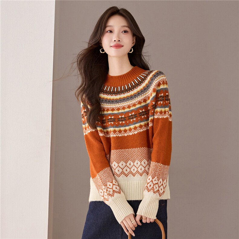 羊毛衫北欧费尔岛半高领毛衣秋冬新款休闲百搭软糯针织上衣，女装羊毛衫，艾米