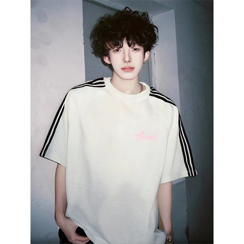 抖音得物品质二开240克宽松纯棉美式潮牌印花三条杠中性风短袖T恤，男装T恤，电商A486-1