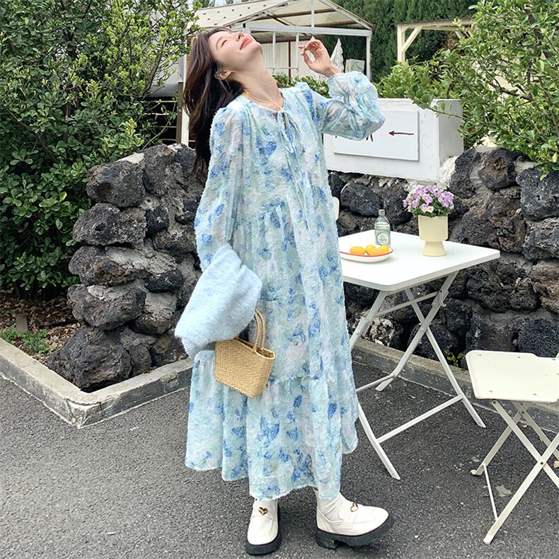 蓝色针织马甲碎花连衣裙女2025春季新款法式系带减龄长裙两件套图片