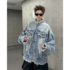 美式水洗做旧流苏毛边牛仔外套潮牌宽松休闲时尚外套，男装夹克，星座410-7