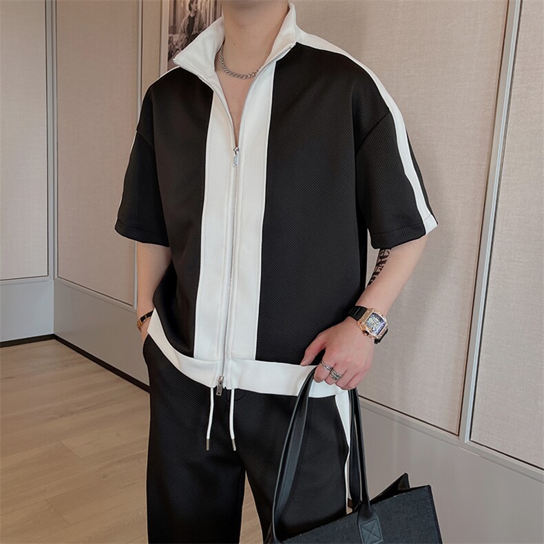夏季高级拼色运动套装男韩版休闲短袖长裤两件套TZ215-P125控155,男装T恤,电商B267