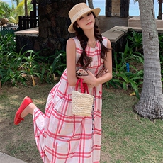 甜美红色格子无袖背心连衣裙女夏2025新款独特绝美爆款高级感长裙，女装连衣裙，浙宝305