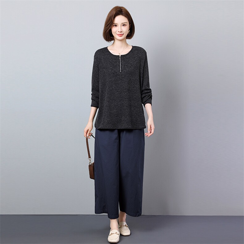 2025秋新品休闲套装针织上衣纯棉阔脚裤休闲百搭款两件套长袖长裤，女装套装/套裙，秋牧寒烟