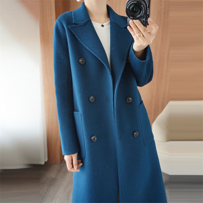 英伦韩系女过膝中长款双面羊绒大衣羊毛系带秋冬毛呢外套加厚呢子，女装双面呢大衣，乾庄羊绒
