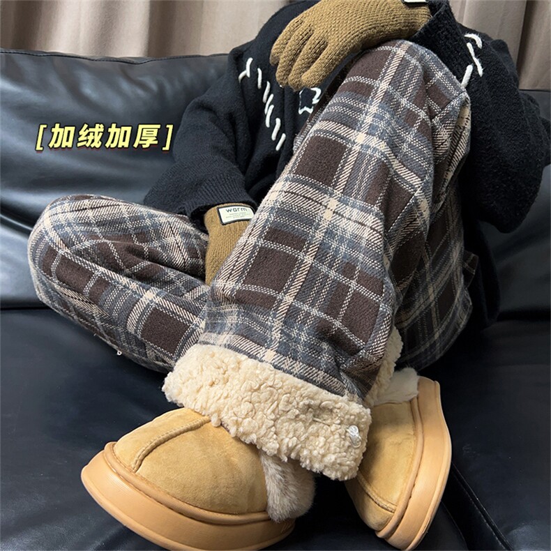 加厚格子裤女加绒裤子垂感小众休闲百搭阔腿裤5D2127-TP5598,男装卫衣,电商A102