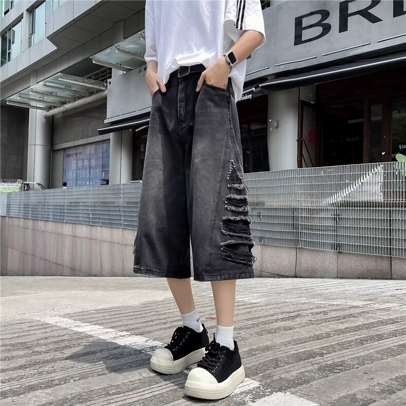美式复古水洗牛仔短裤男潮牌夏季新款休闲百搭小众七分裤子潮图片