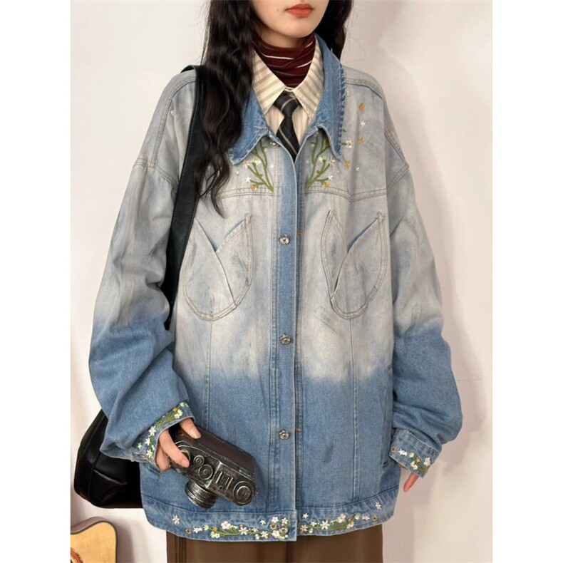 JK8973-P73 美式复古秋季新款花卉潮牌设计感渐变刺绣牛仔夹克图片