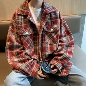 高品质秋款男毛呢夹克格子条纹拼色单排扣休闲外套JK047 P60图片