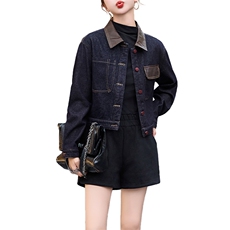 安可拉红牛仔外套女高级感撞色上衣2024秋冬加绒加厚PU皮拼接夹克，女装牛仔外套，潮流依族