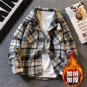 复古小香风格子外套男冬季加绒加厚宽松翻领毛呢衬衫夹克休闲上衣图片
