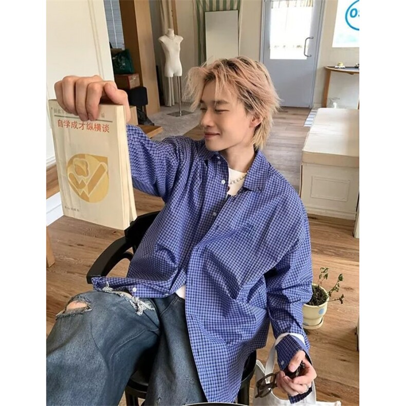 刺绣细格纹长袖衬衫男女早秋款复古休闲百搭bf风衬衣外套CH275,男装衬衫,星座1116A（原606A-3）