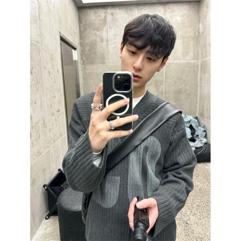 706-1-MY6011-P53特P秋季美式复古宽松V领毛衣针织球衣外套潮,男装针织衫/毛衣,星座706-1