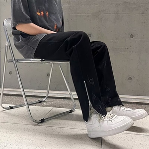 美式vibe裤子高街水洗牛仔裤男设计感小众拉链裤N750P48,黑色白杠运动裤穿搭图片