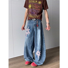 美式复古弯刀贴布牛仔裤男女2025夏新款宽松阔腿拖地裤N07853-P55，男装牛仔裤，星座308B-1