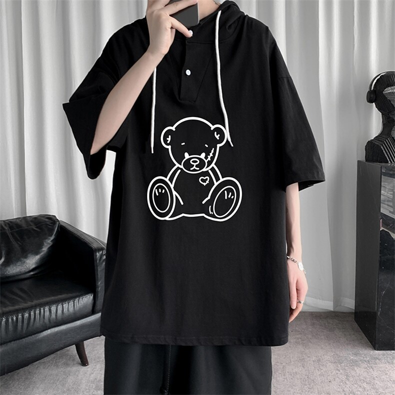 LD54174-P45 连帽短袖t恤男大码胖子带帽五分袖中袖图片