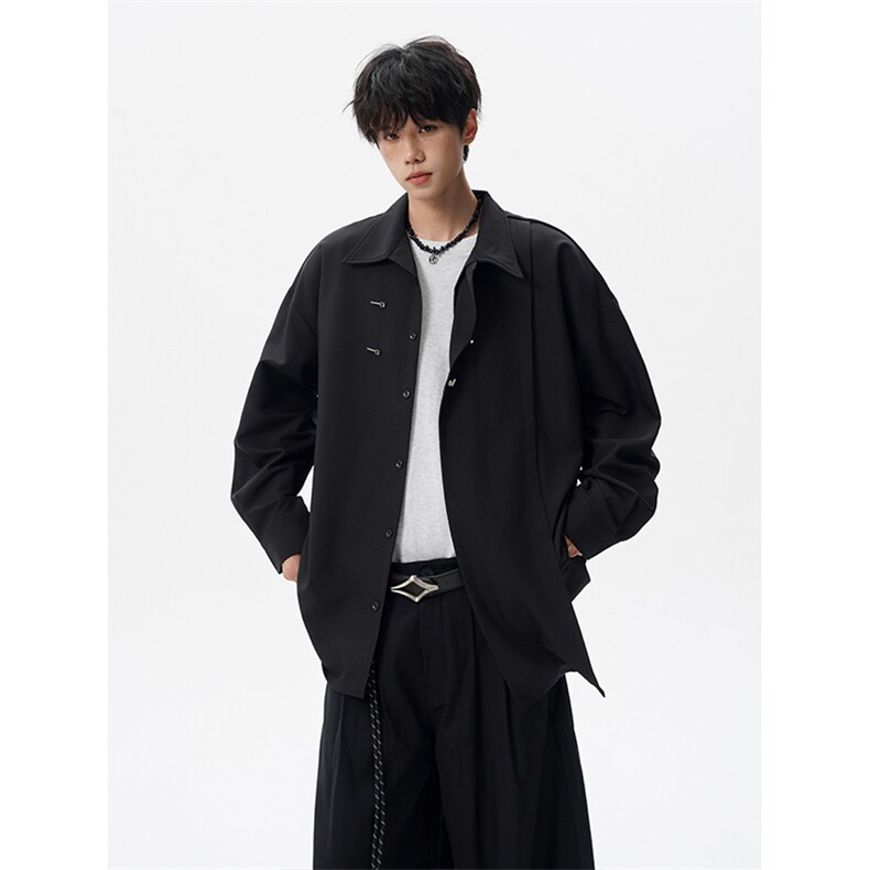 8XL-M风新中式黑色翻领长袖衬衫男秋季休闲衬衣痞帅CS537P58,男装衬衫,电商D206-1