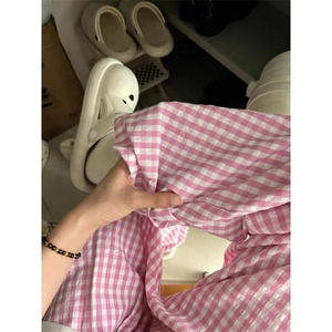 AK2497-P55 粉红格子夏季薄款阔腿裤 慵懒风甜美百搭宽松休闲裤图片