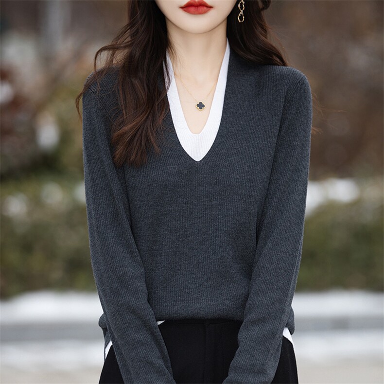 假两件百搭衫女宽松气质时尚精纺抽条深V领羊毛小众上衣拼色,女装羊毛衫,片语羊绒