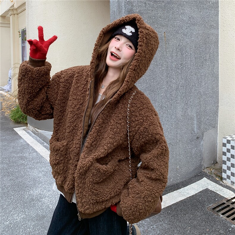 新款深咖色拼接格子羊羔毛羽绒服90绒2C282-998P255K388,女装羽绒服,2C282