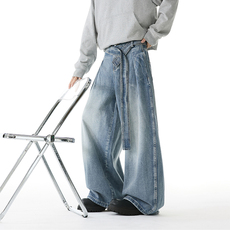复古牛仔裤男生秋冬宽松显瘦大码阔腿裤cleanfit小众简约情侣长裤，男装牛仔裤，电商B315