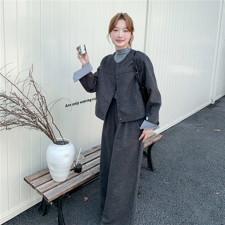 复古条纹拼接牛仔外套阔腿裤两件套女2025年秋季新款时尚休闲套装,女装套装/套裙,2B142