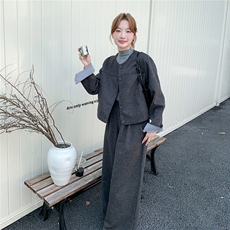 复古条纹拼接牛仔外套阔腿裤两件套女2025年秋季新款时尚休闲套装，女装套装/套裙，2B142